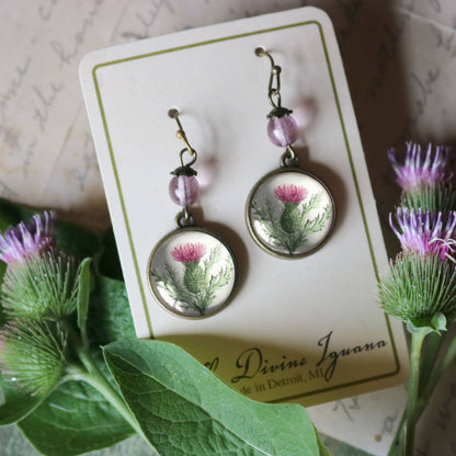 Scottish Thistle Glass Cabochon Earrings