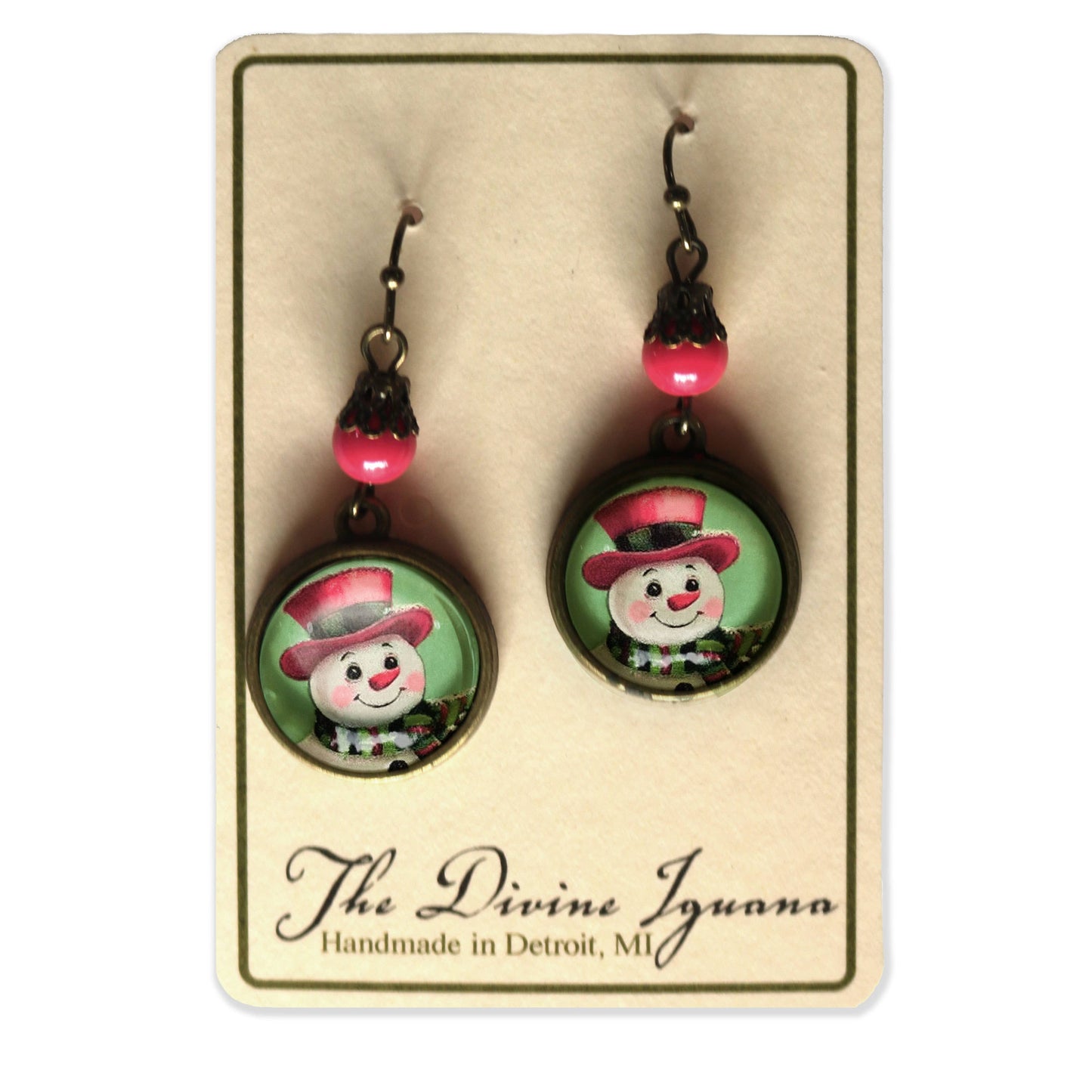Pink Christmas Snowman Earrings