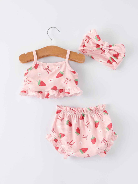 Strawberry Bow Baby Girls Short Sleeves Bloomer Set: 3M