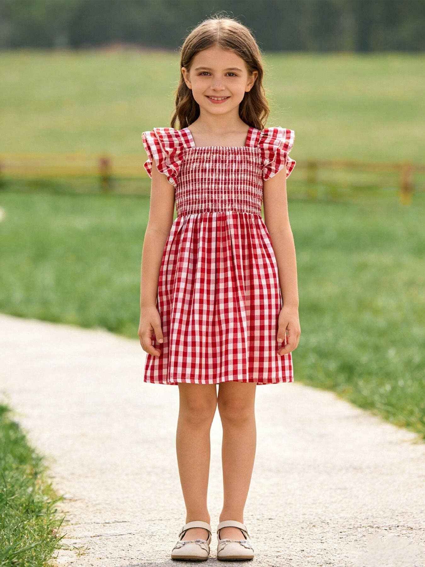 Summer Plaid Smocked Ruffle Girl Dress Sibling Outfits: 2