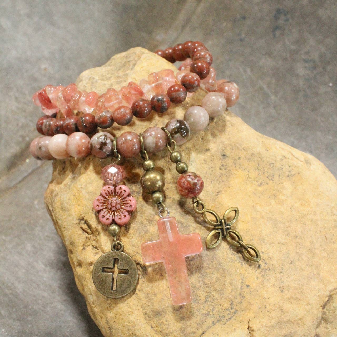 Stone, & Glass Cross Dangle Bracelet Set