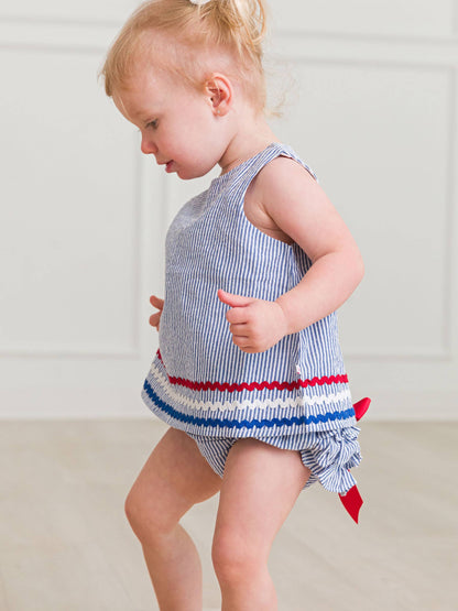 Americana Classic Blue Seersucker Ric Rac Swing Top & Bloomer Set