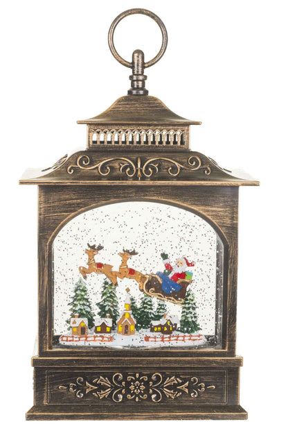 NEW-Antique Brown Lantern Snow Globe with Santa in Sleigh