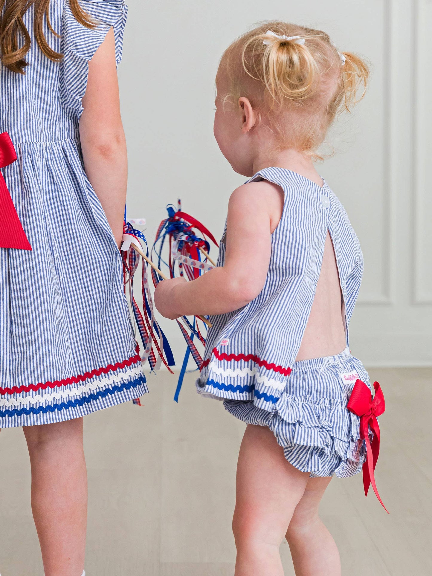 Americana Classic Blue Seersucker Ric Rac Swing Top & Bloomer Set