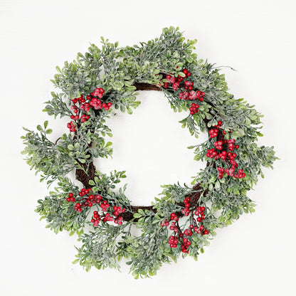 22in Twig Wreath-Icy Sparkle Boxwood with Red