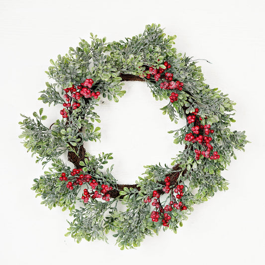 22in Twig Wreath-Icy Sparkle Boxwood with Red