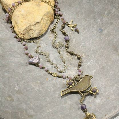 Bird Chirping Purple Czech Layered Necklace