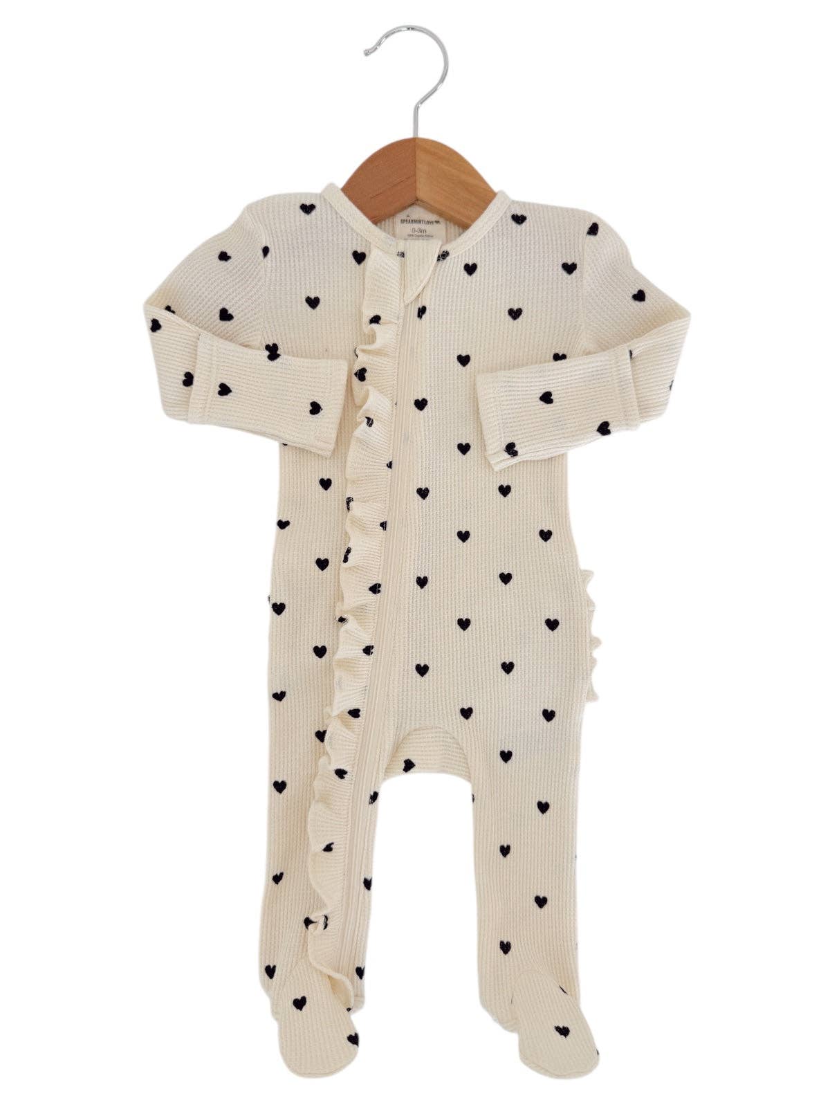 Organic Waffle 2-Way Zip Ruffle Footie, Black Heart: 3 - 6 mo.