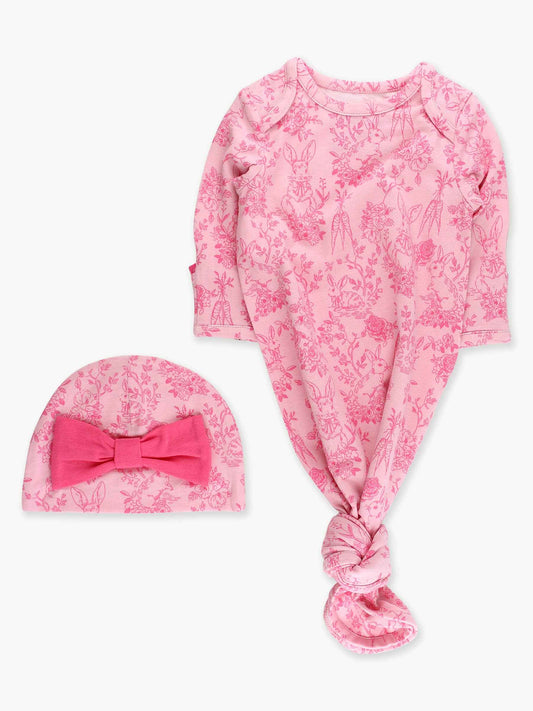 SoftSnooze™ Baby Girls Cotton Modal Pink Cottontail Toile Ruffle Knotted Sleep Gown & Bow Hat Set: Pink / Newborn-3m
