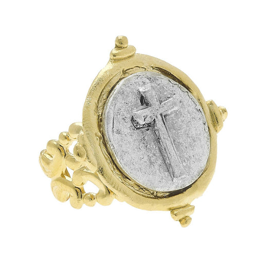 Susan Shaw - Handcast Gold and Silver Intaglio Cross Adjustable Ring