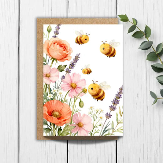 Fluffy Bees Floral Card