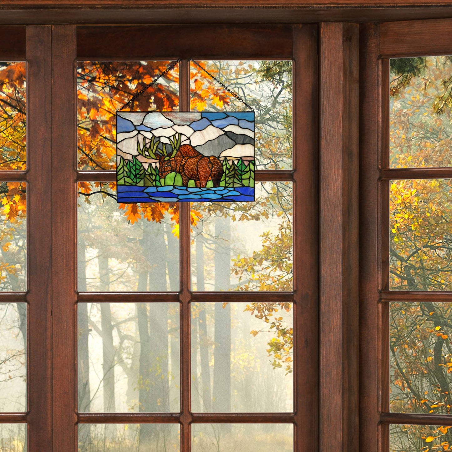 18.25" Moose Mountainscape Stained Glass Window Panel