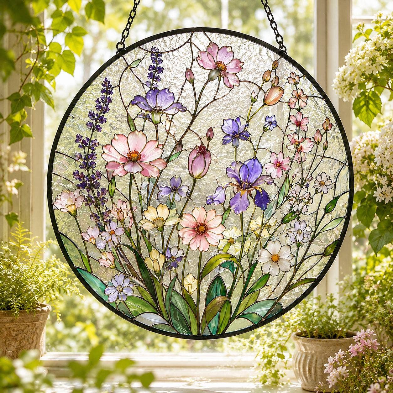 Pastel Flower Suncatcher, Stained Glass Style Window Hanging
