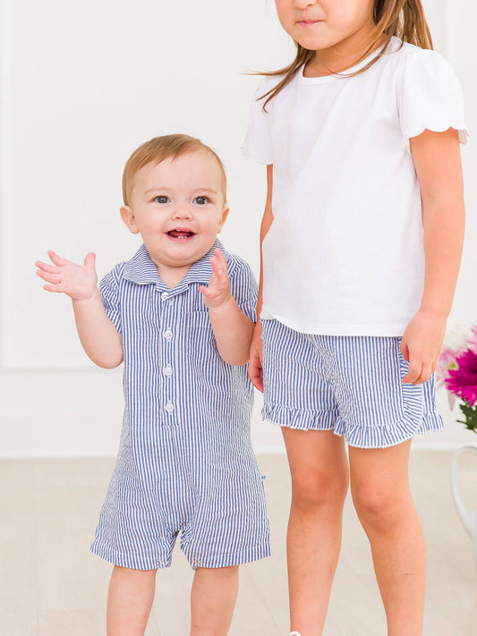 Baby Boy Blue Seersucker Button-Up Romper