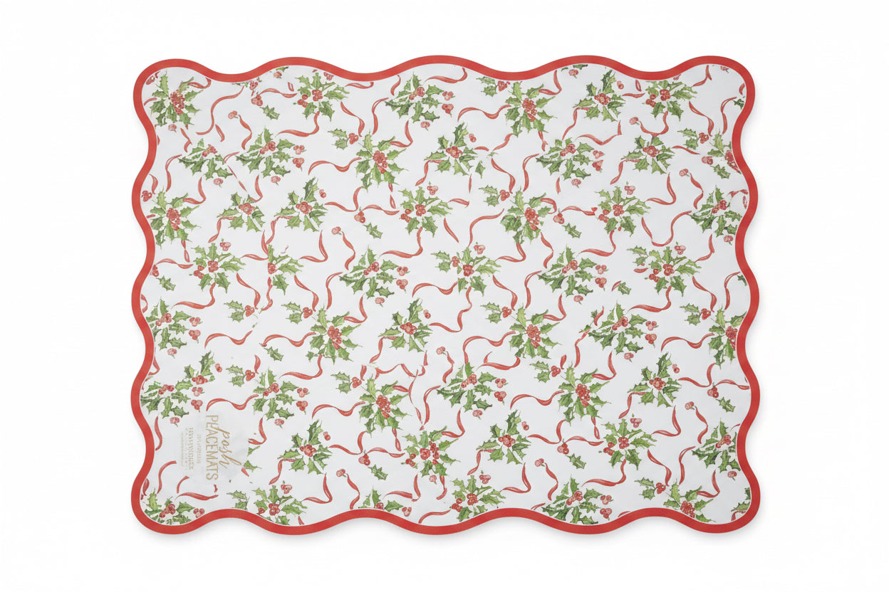 Hand Painted Holly & Berries with Red Border Die-Cut Placemat