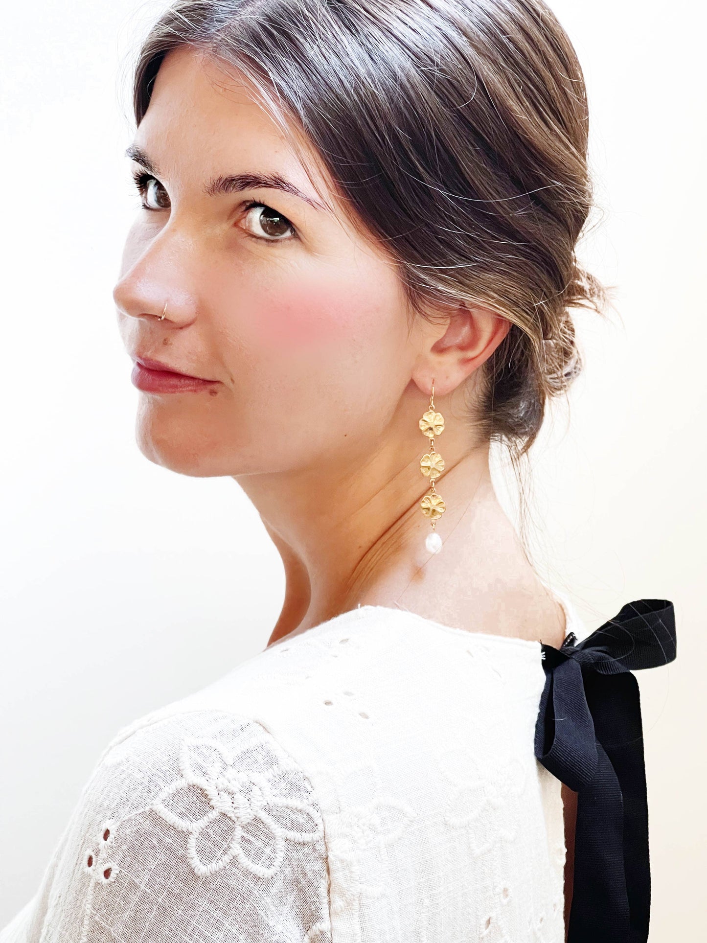 Pearl and three flowers dangle earrings