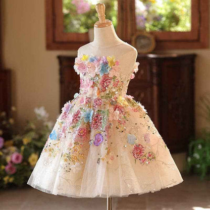 Girls Floral Tulle Princess Dress with Illusion Neckline: Multicolor / Printed / 5-6 Years (130cm)