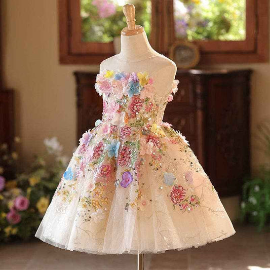 Girls Floral Tulle Princess Dress with Illusion Neckline: Multicolor / Printed / 5-6 Years (130cm)