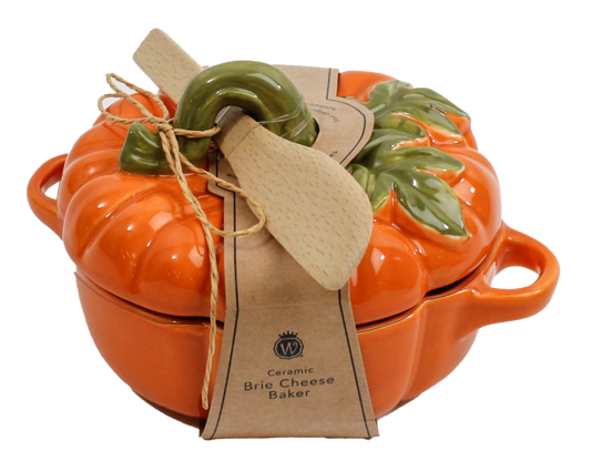 Figural Pumpkin Brie Baker with Leafy Stem Handle