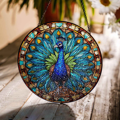 Peacock Flowers Stained Glass, Bird Wall Decor Art
