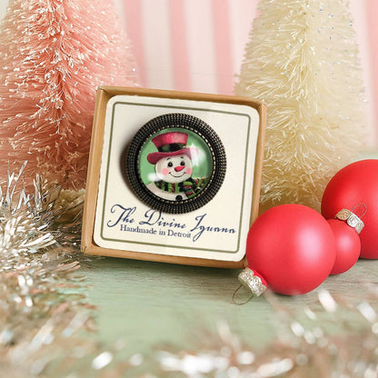 Pink Christmas Snowman Bronze and Glass Lever Back Brooch