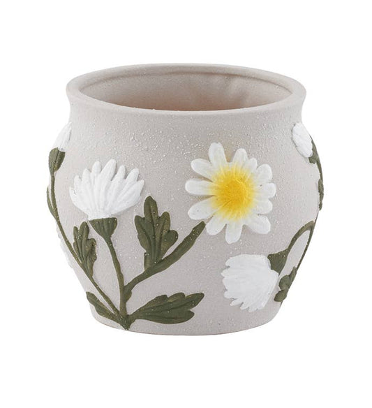 White Daisy Gray Planter - Spring