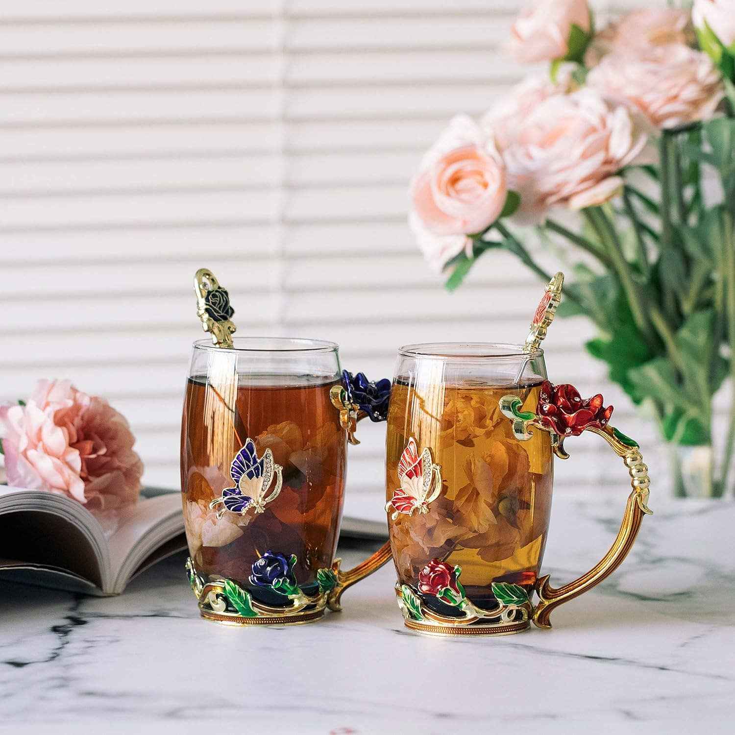 Floral Glass Tea Cups – Set of 2