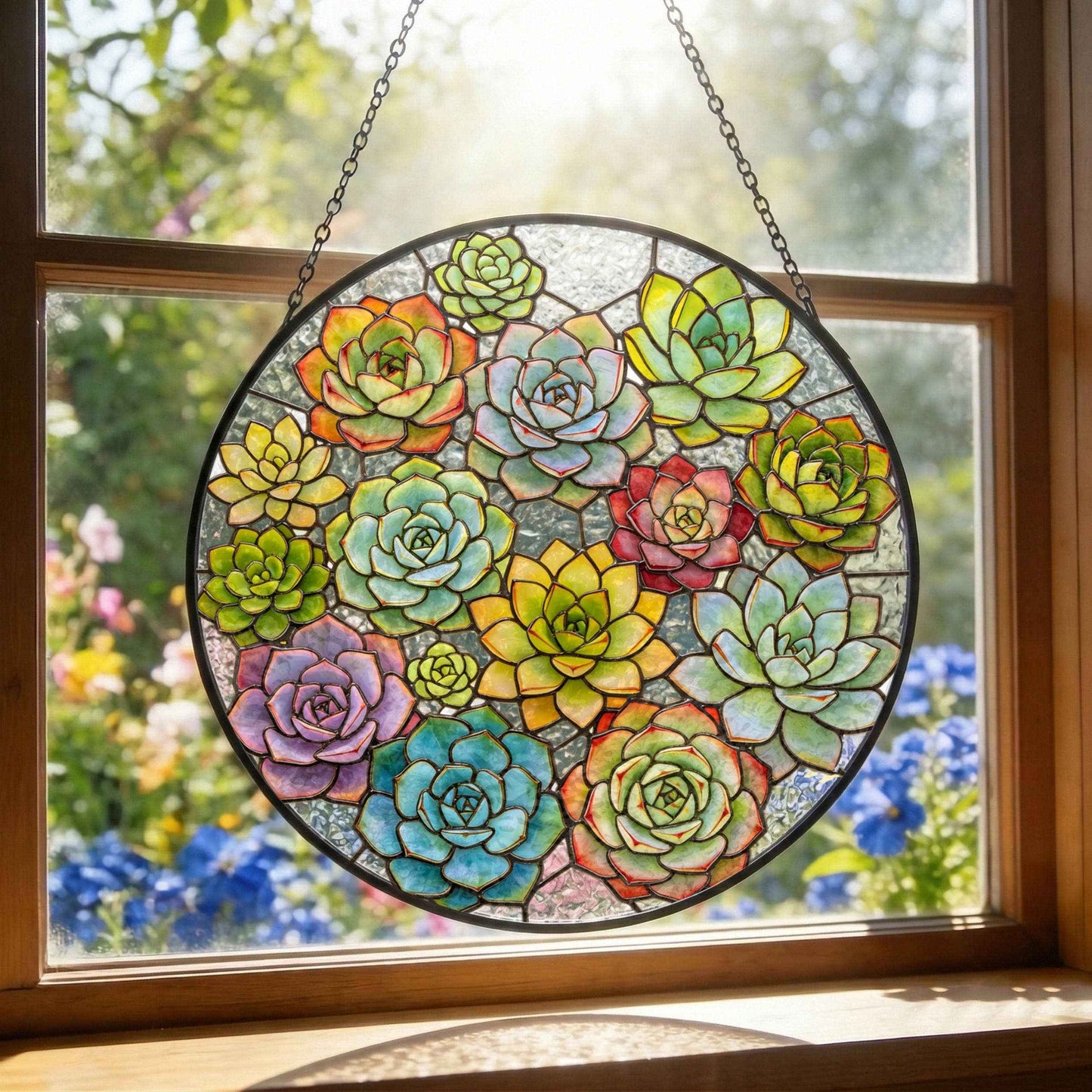 Succulent Botanical Suncatcher, Colorful Plant Stained Glass