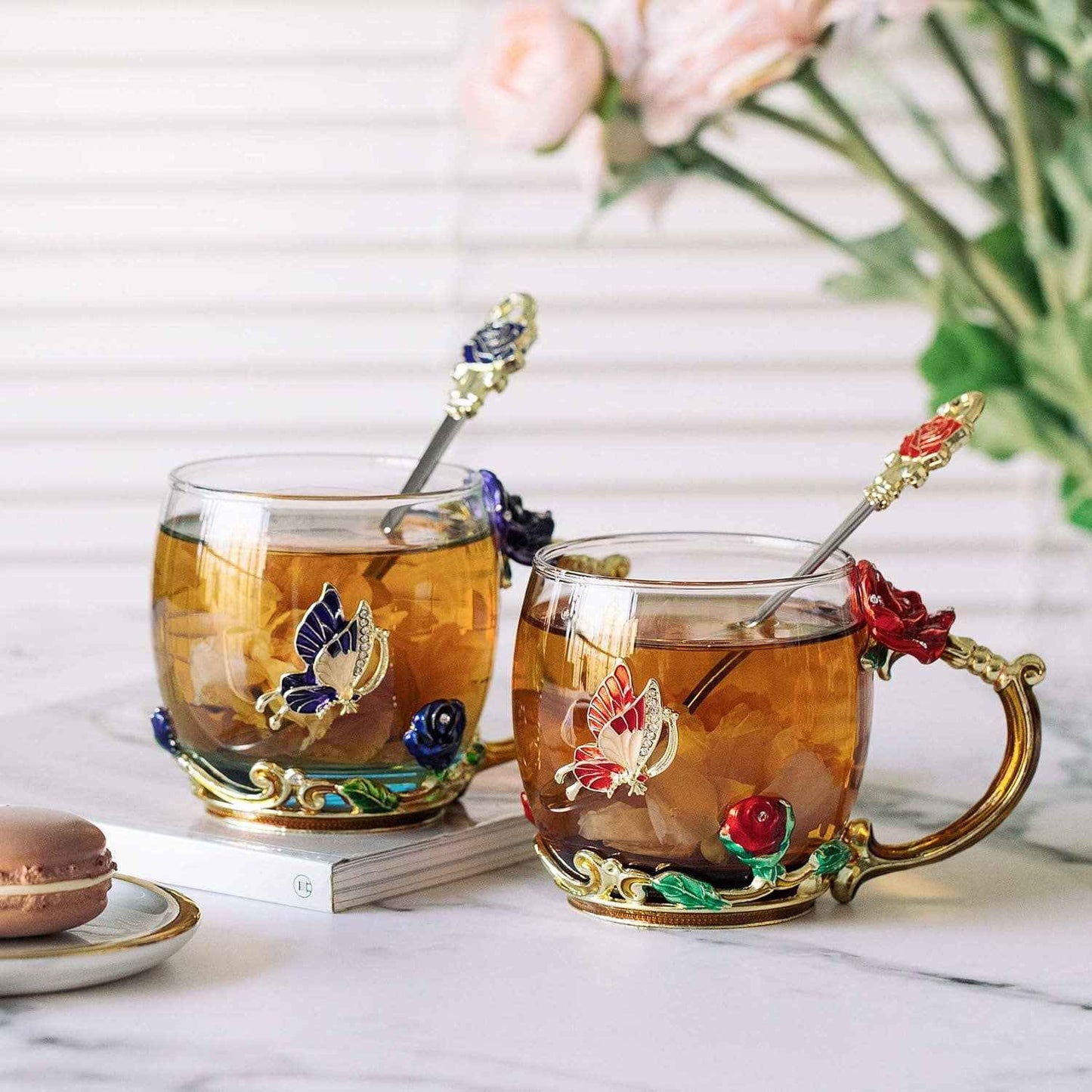 Floral Glass Tea Cups – Set of 2