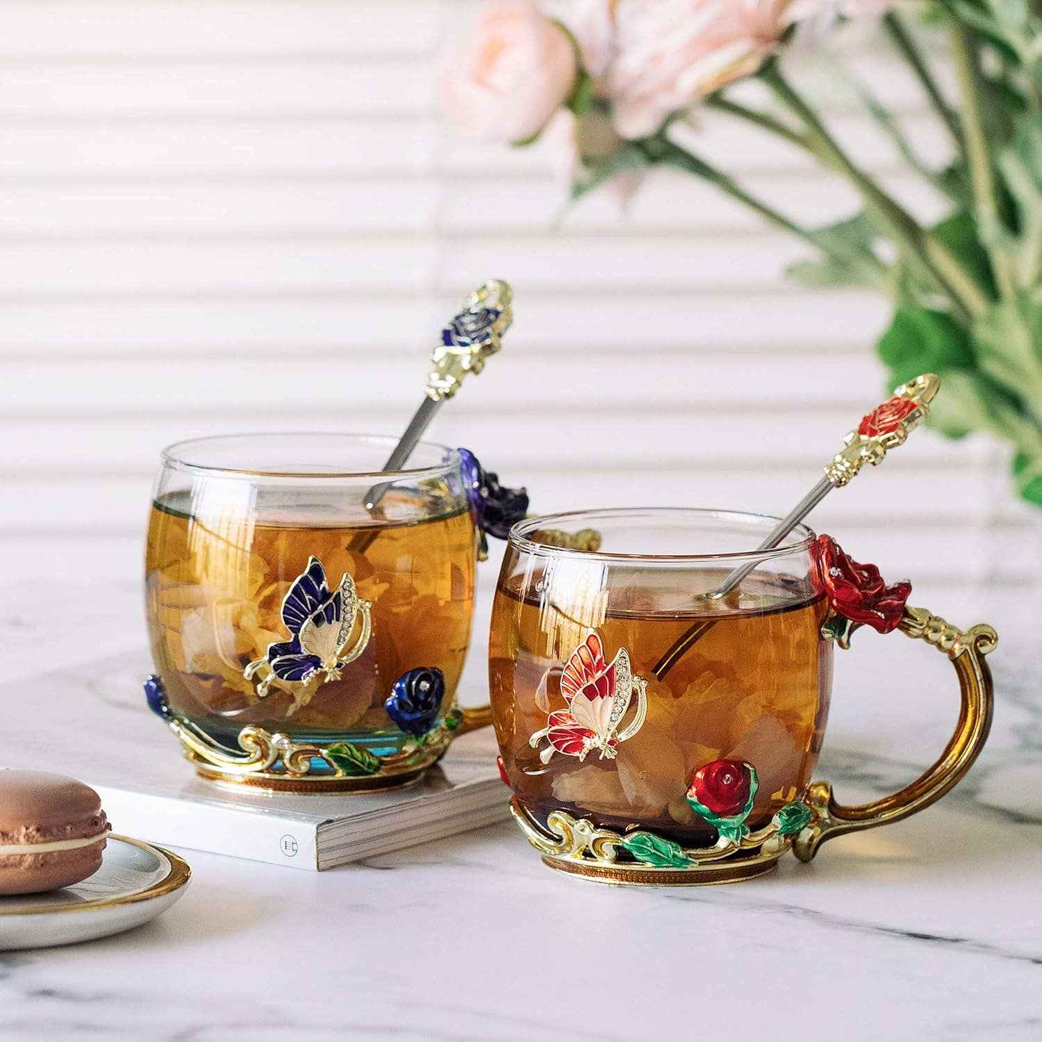 Floral Glass Tea Cups – Set of 2