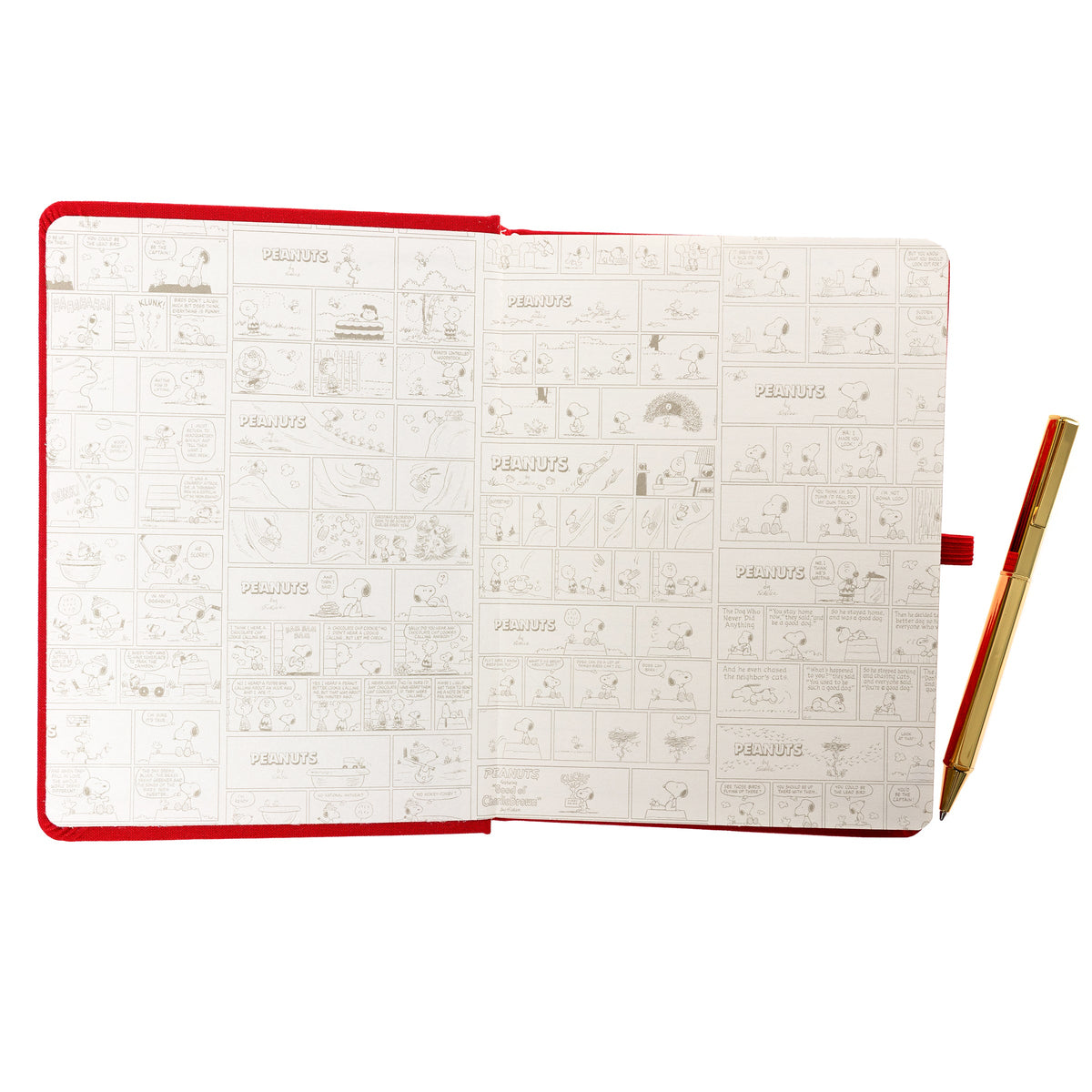 Peanuts Fabric-Bound Journal with Pen, A red fabric journal with a gold foil Snoopy illustration and the words happy notes, paired with a gold pen tucked into a loop along the spine.