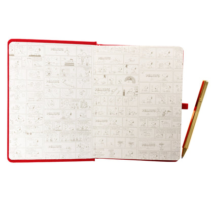 Peanuts Fabric-Bound Journal with Pen, A red fabric journal with a gold foil Snoopy illustration and the words happy notes, paired with a gold pen tucked into a loop along the spine.