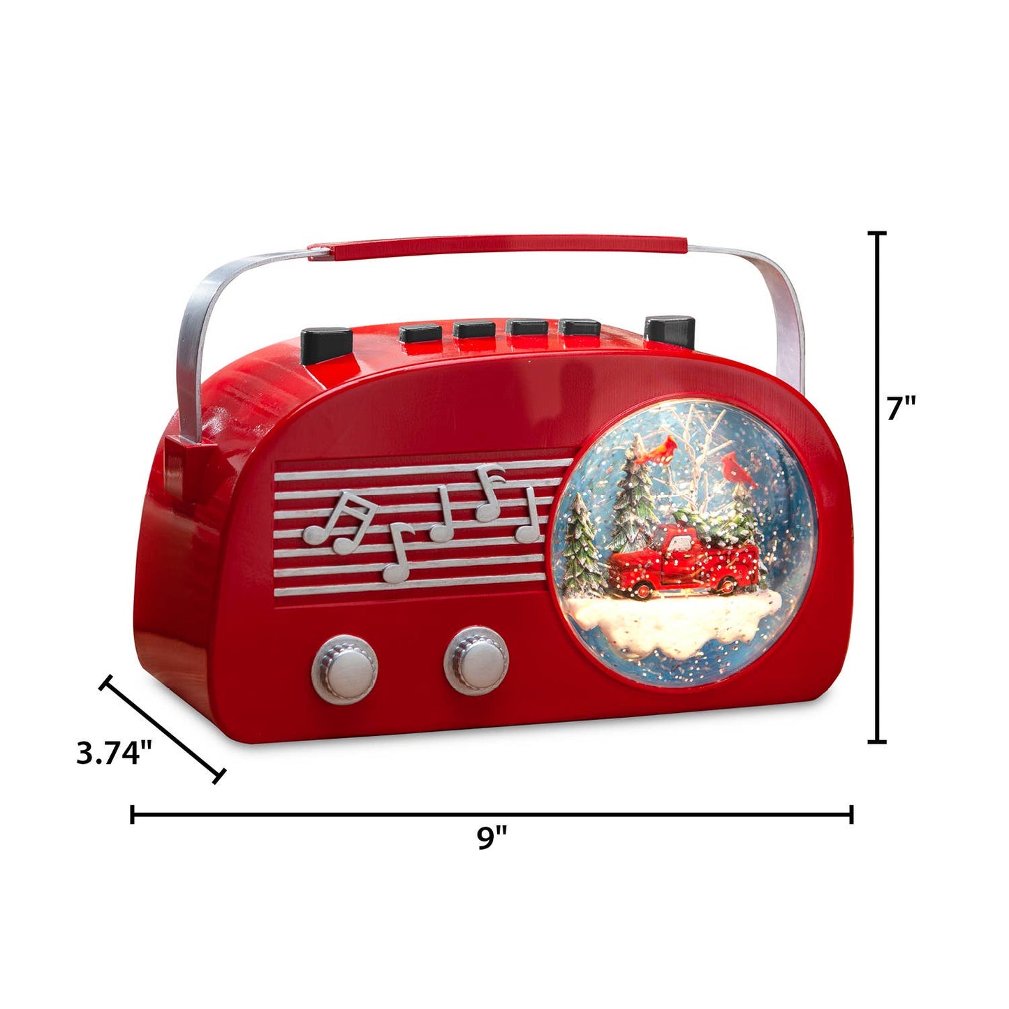 Gerson This retro snow globe features a vintage style red radio