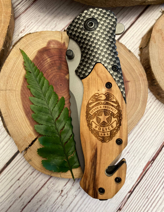Quail Tail Laser Art - Police Badge/Serve & Protect Knife