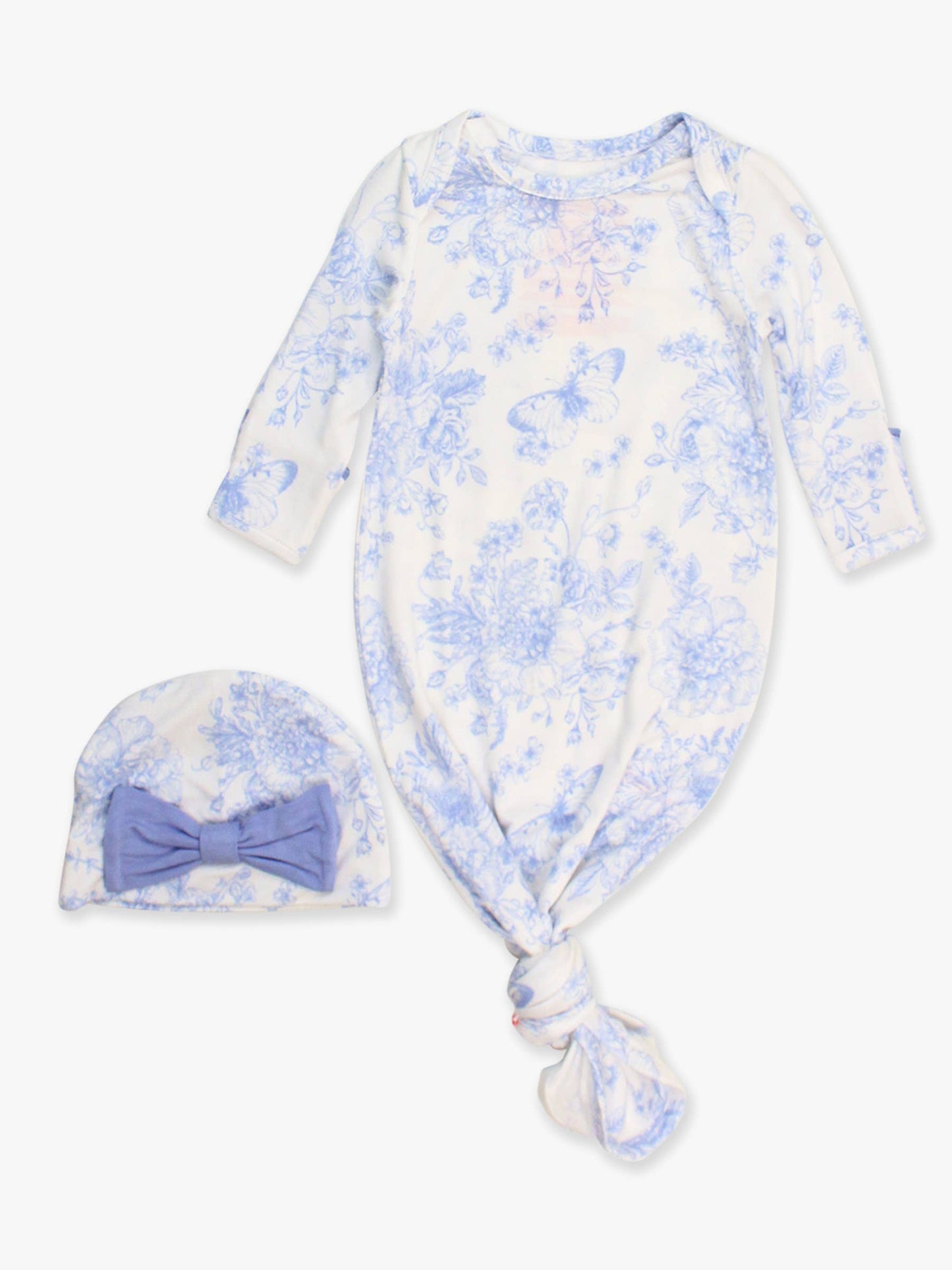 Baby GirBamboo Periwinkle Butterfly Garden Ruffle Knotted Sleep Gown & Bow Hat Set: Newborn-3m