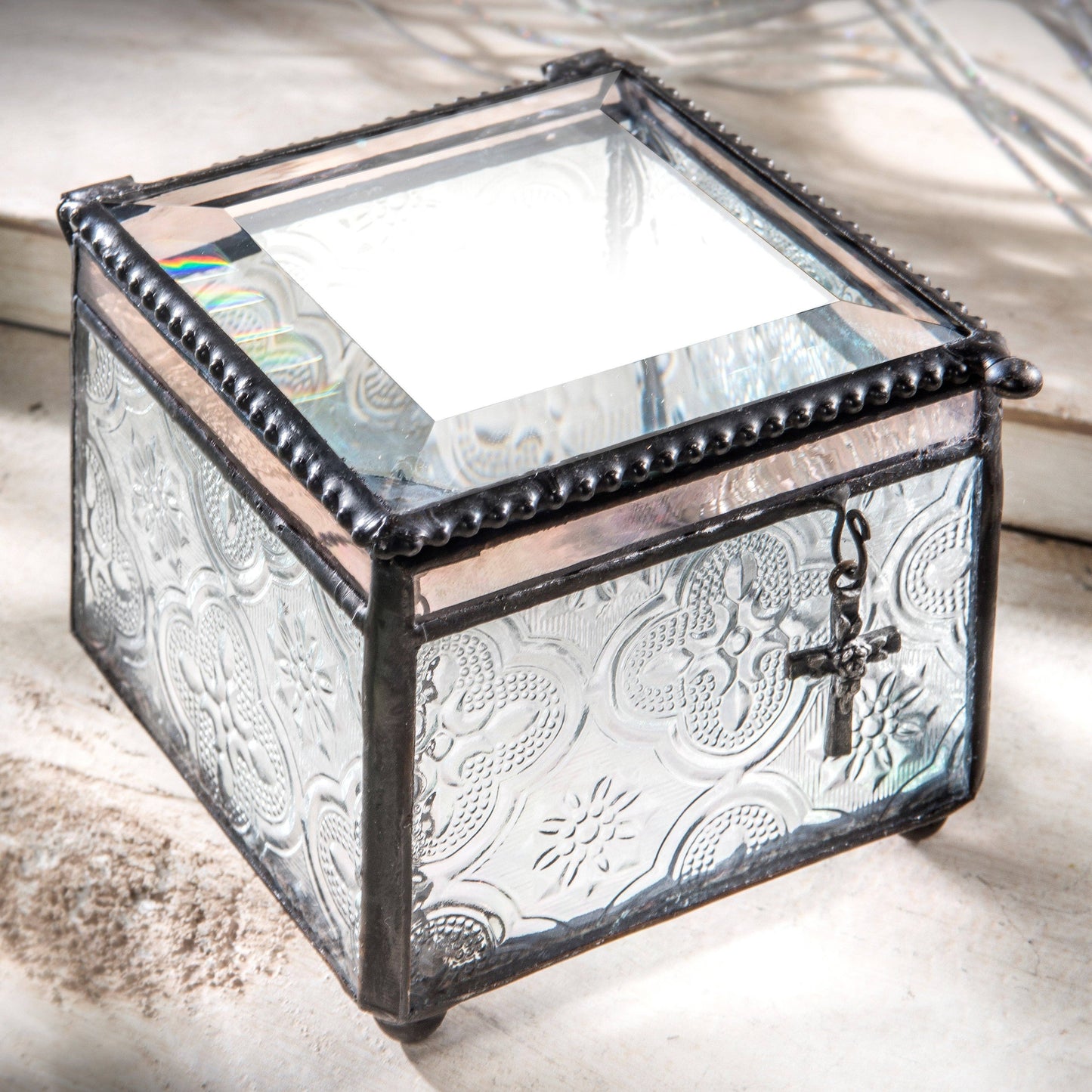 Clear Vintage Glass Box with Cross Charm
