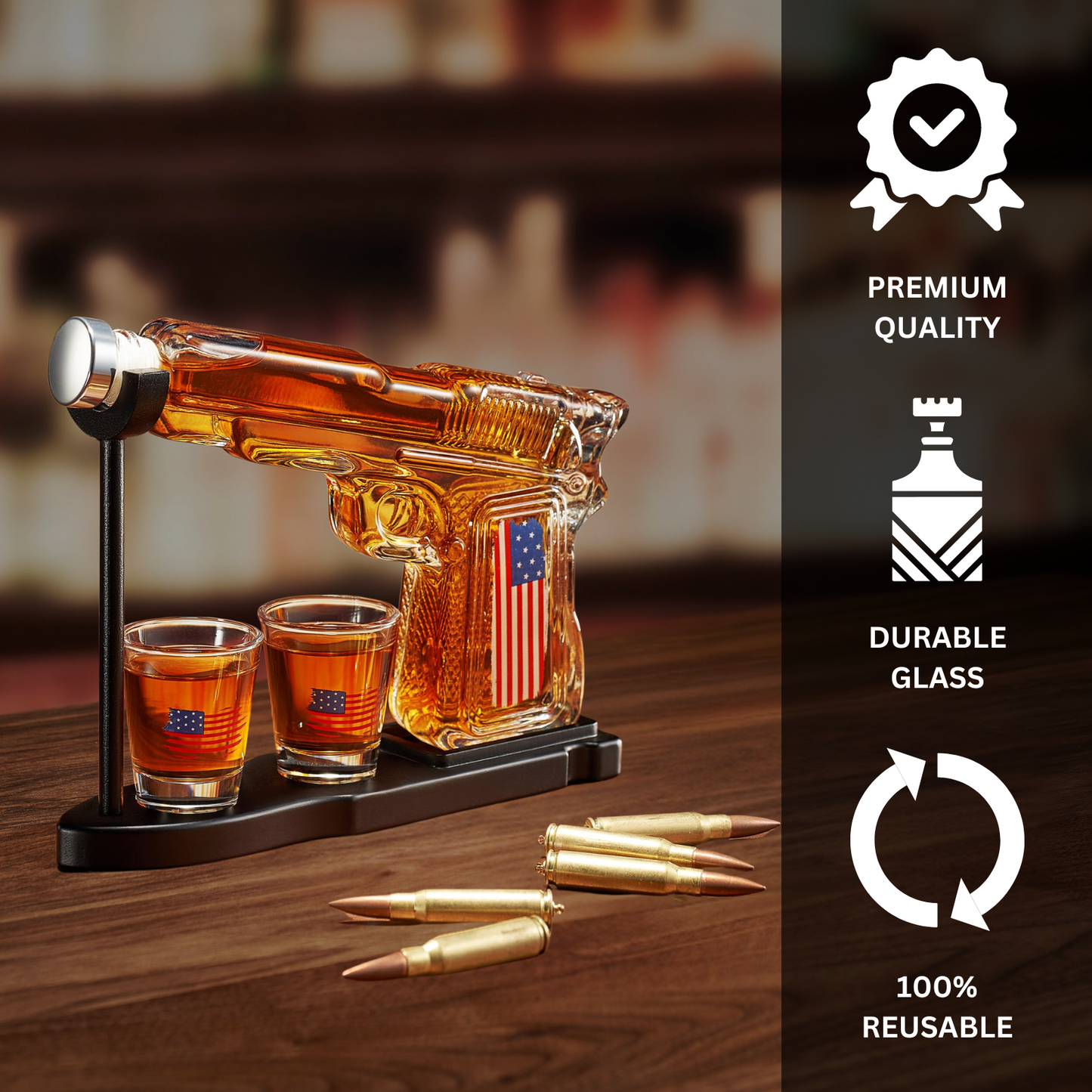 US Flag Whiskey Decanter Set - 8 Oz Gun Pistol AMERICA