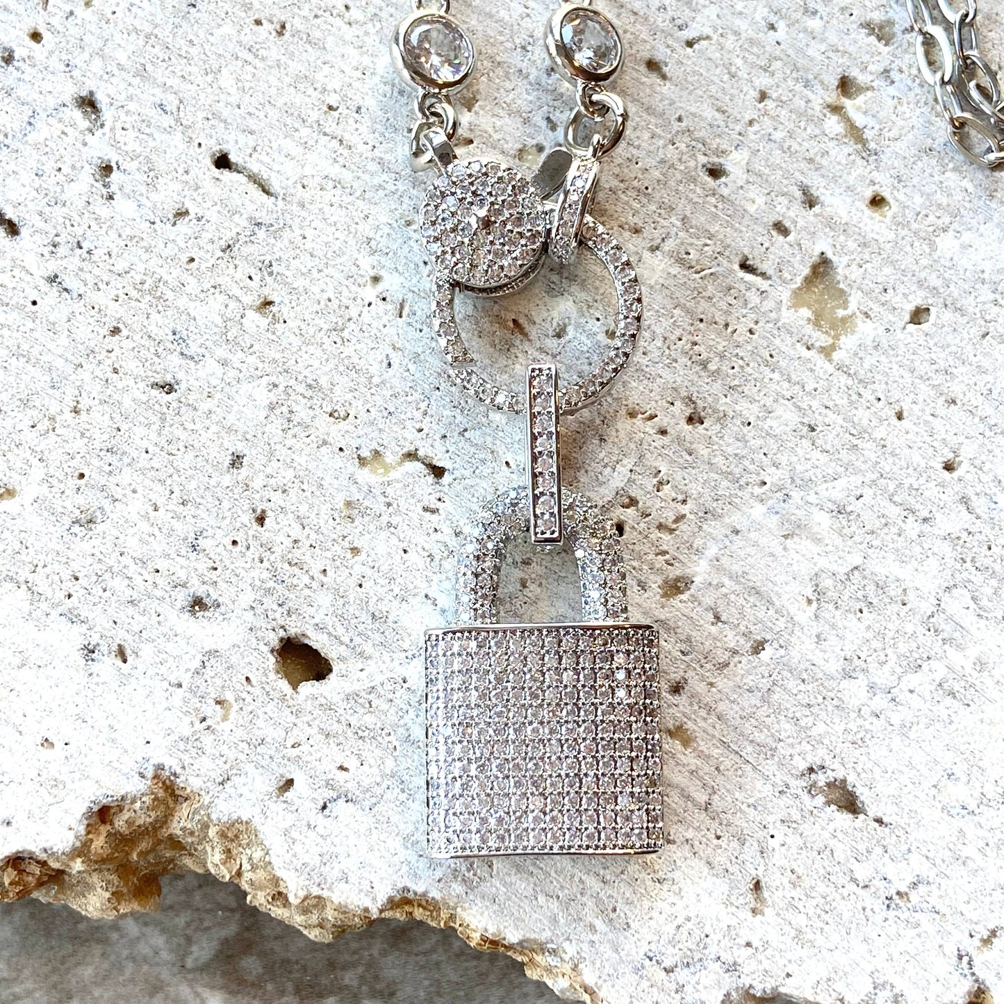 Lock Crystal micro pave Necklace trendy Silver