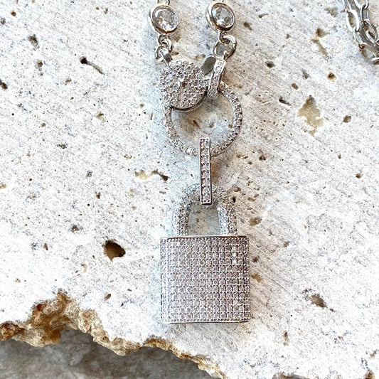 Lock Crystal micro pave Necklace trendy Silver