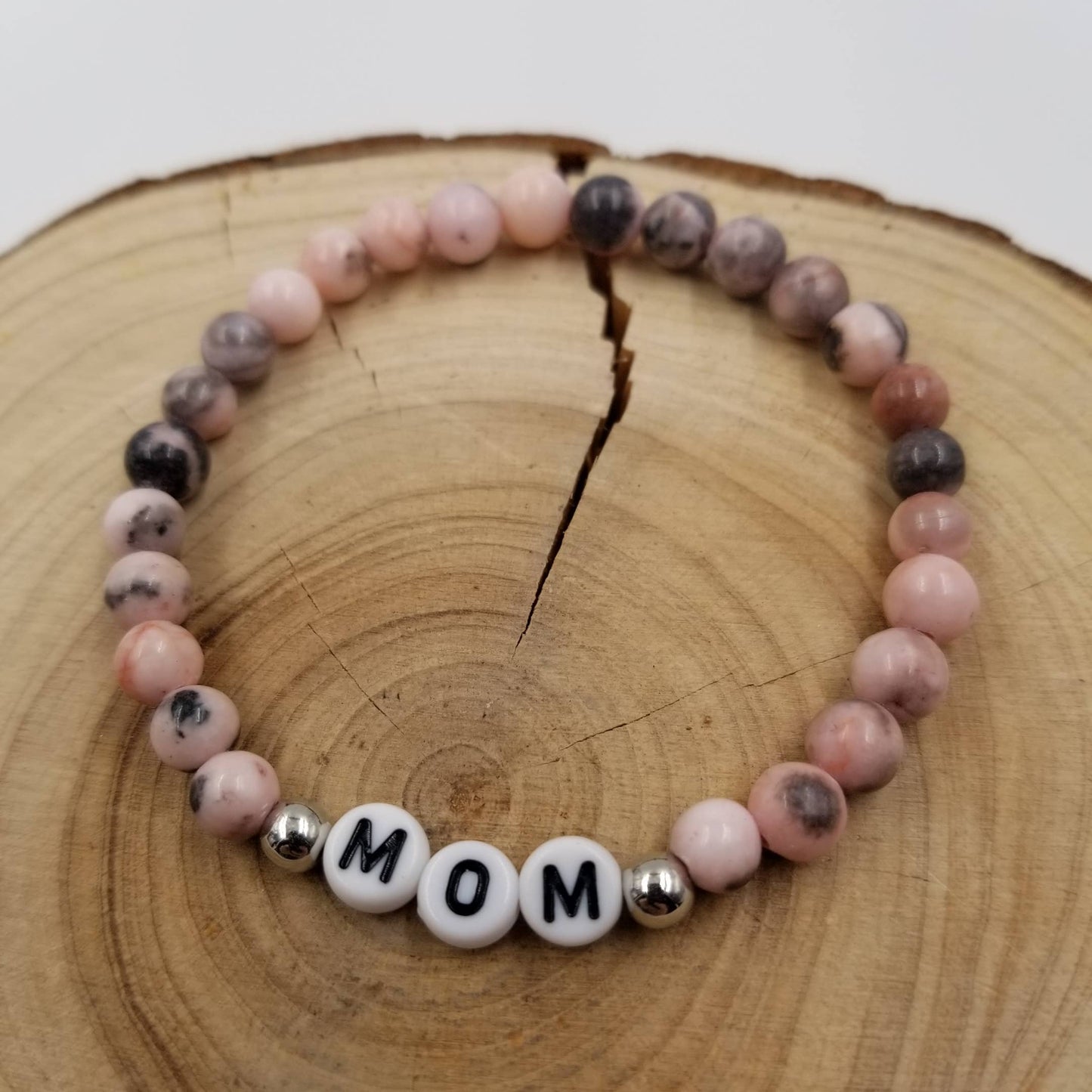 Natural Rhodonite Stone MOM Bracelet - Mother's Day Gift