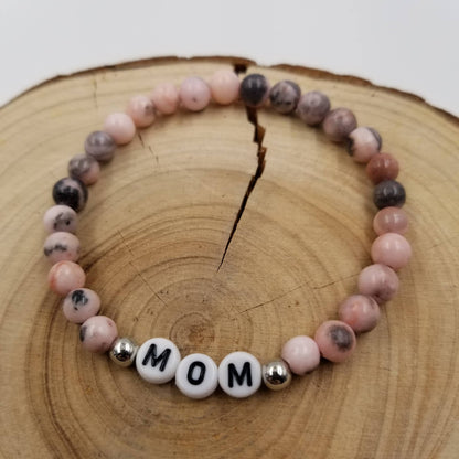 Natural Rhodonite Stone MOM Bracelet - Mother's Day Gift