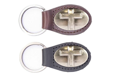 Christian Cross Oval Leather Keychain: Black