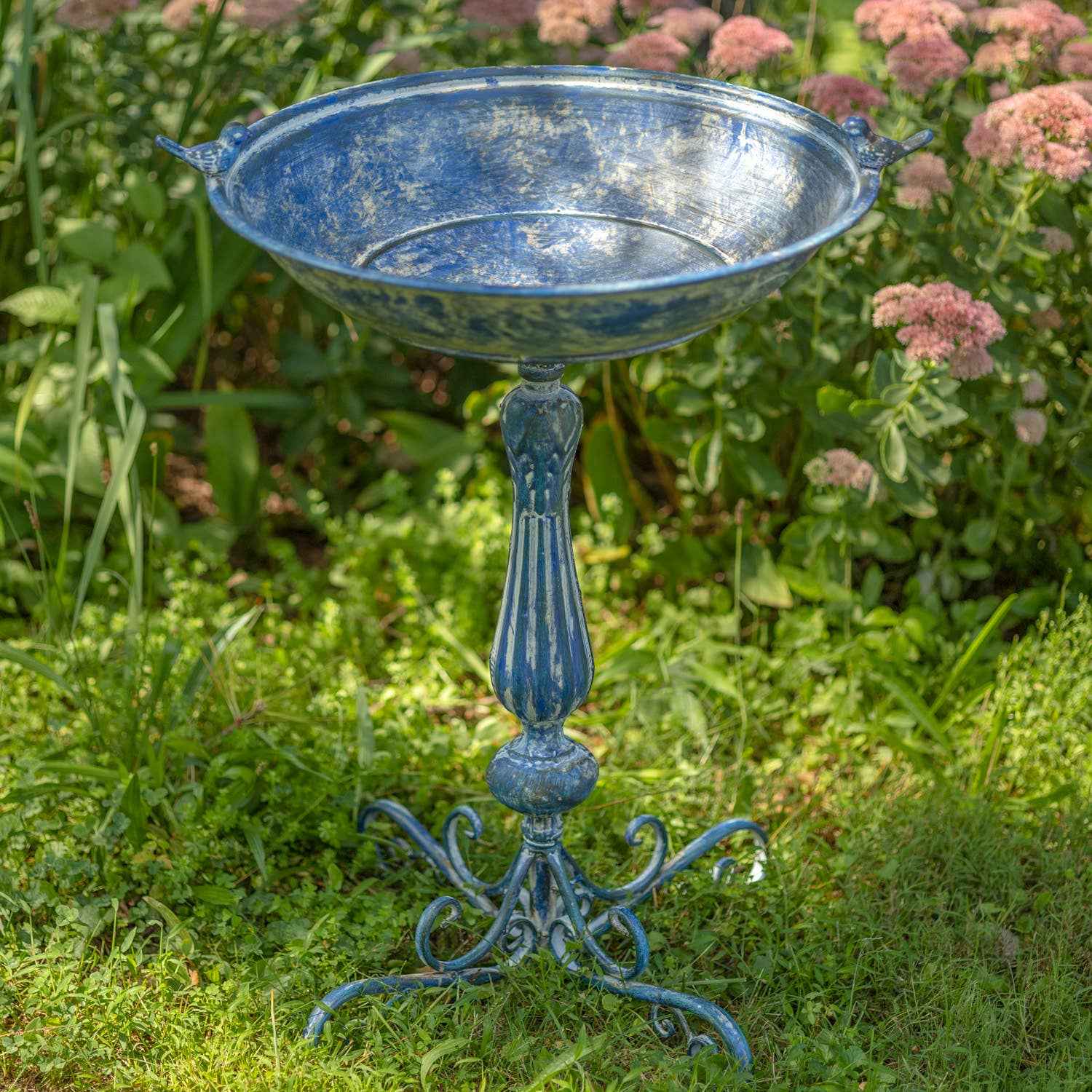 Pedestal Birdbath with Little Bird Detail - 3 Options: Antique Blue