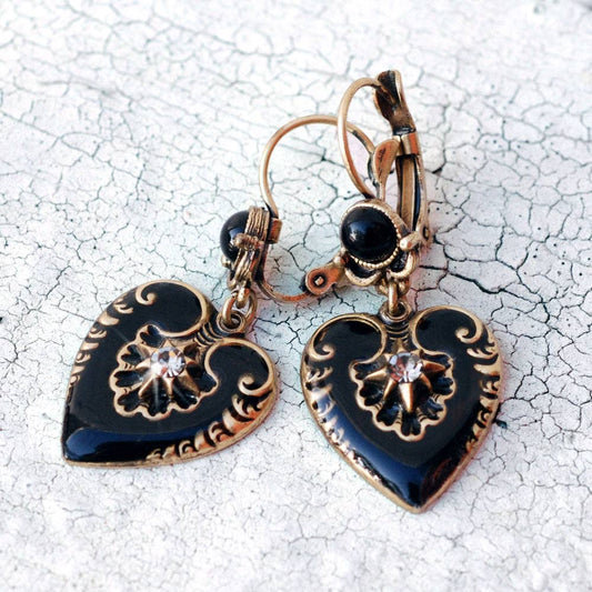 Black Enamel Hearts Earrings