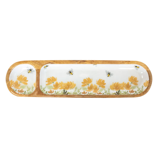 16" Long Bee Field 2 Sectioned Mango Wood Tray