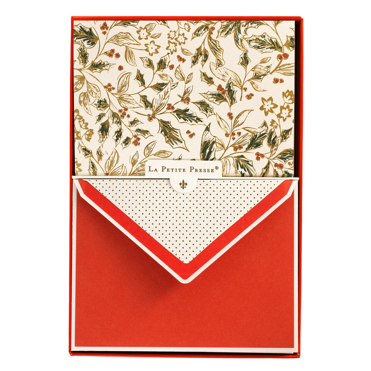 La Petite Noel Toile Holiday Boxed Correspondence Notes, A boxed Christmas correspondence card with a gold and green holly toile pattern on ivory cardstock, shown with its red envelope.