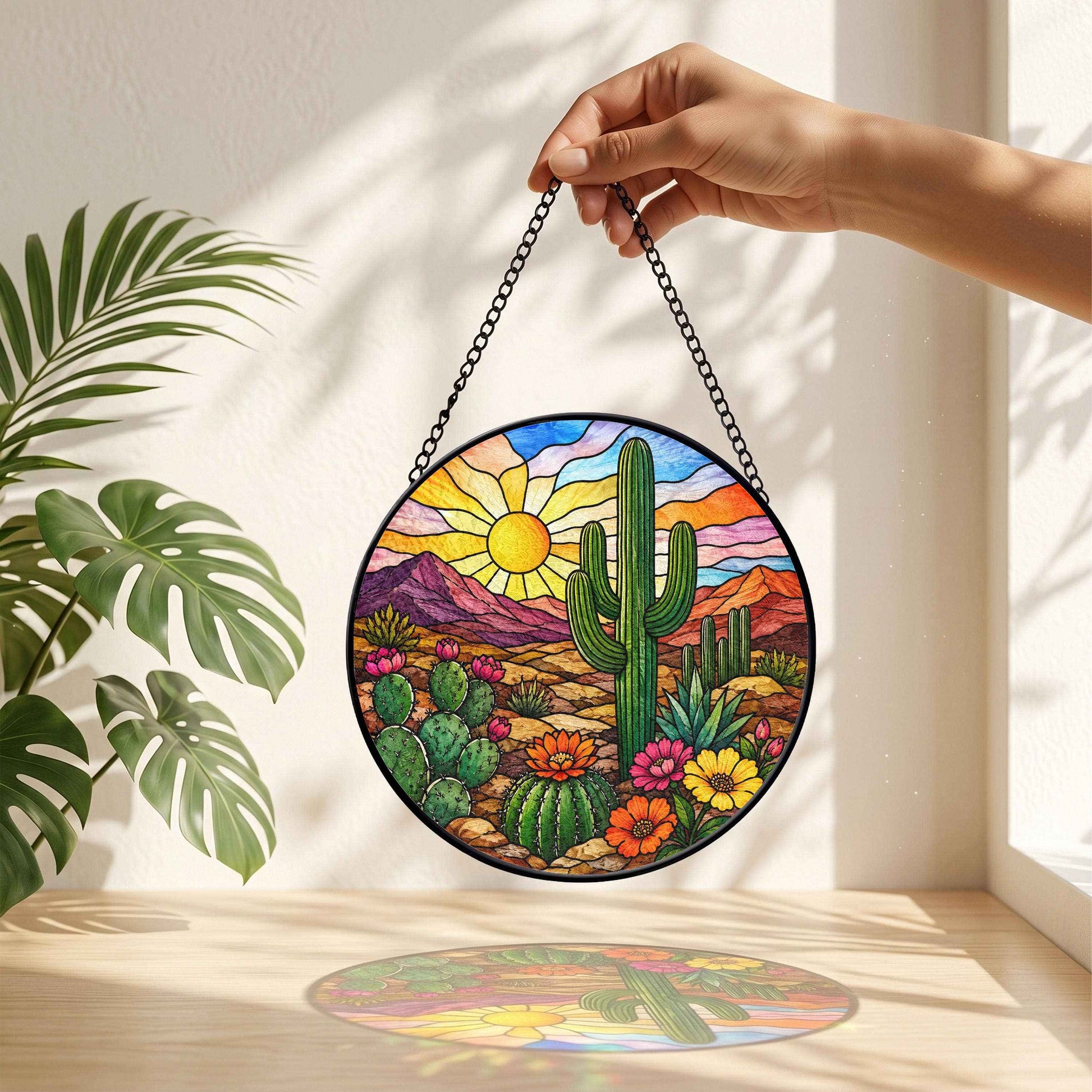 Desert Sunset Cactus Stained Suncatcher, Colorful Southwest