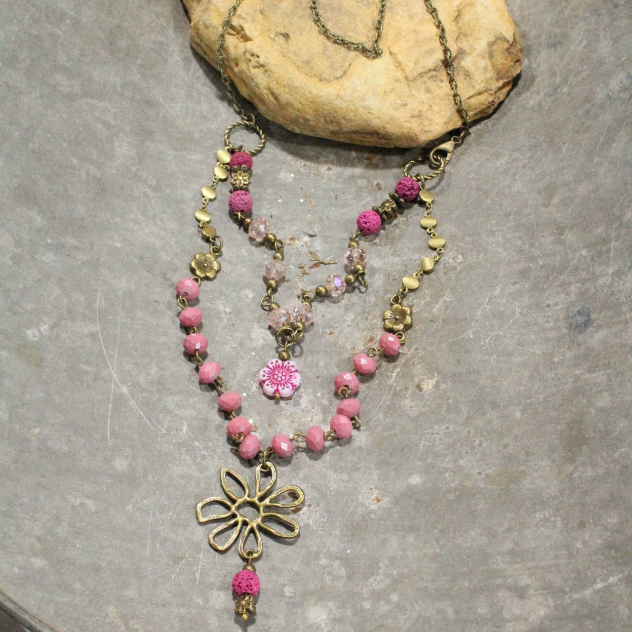 Flower Power Pendant Czech Pink Beads Layered Necklace
