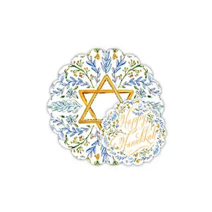 Happy Hanukkah Blue & Gold Floral Star of David Doily Set