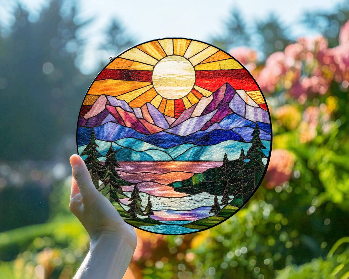 Mountain Range Stained Glass Suncatcher, Nature Decor Art